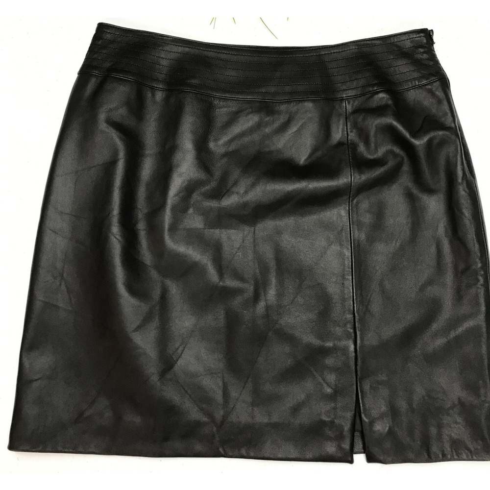 Apostrophe Skirt Womens 14 Black Genuine Leather Pencil Lined Side Zip YKK Slit